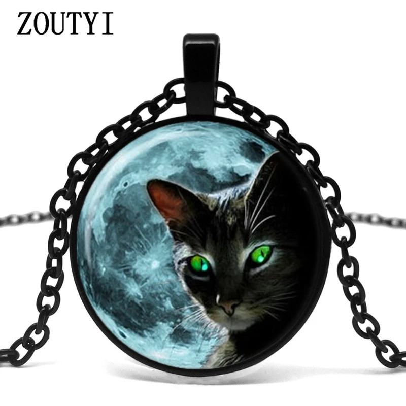 

2018/ hot sale, blue moon black cat pattern glass pendant necklace, summer style lace green cat eye pendant necklace jewelry