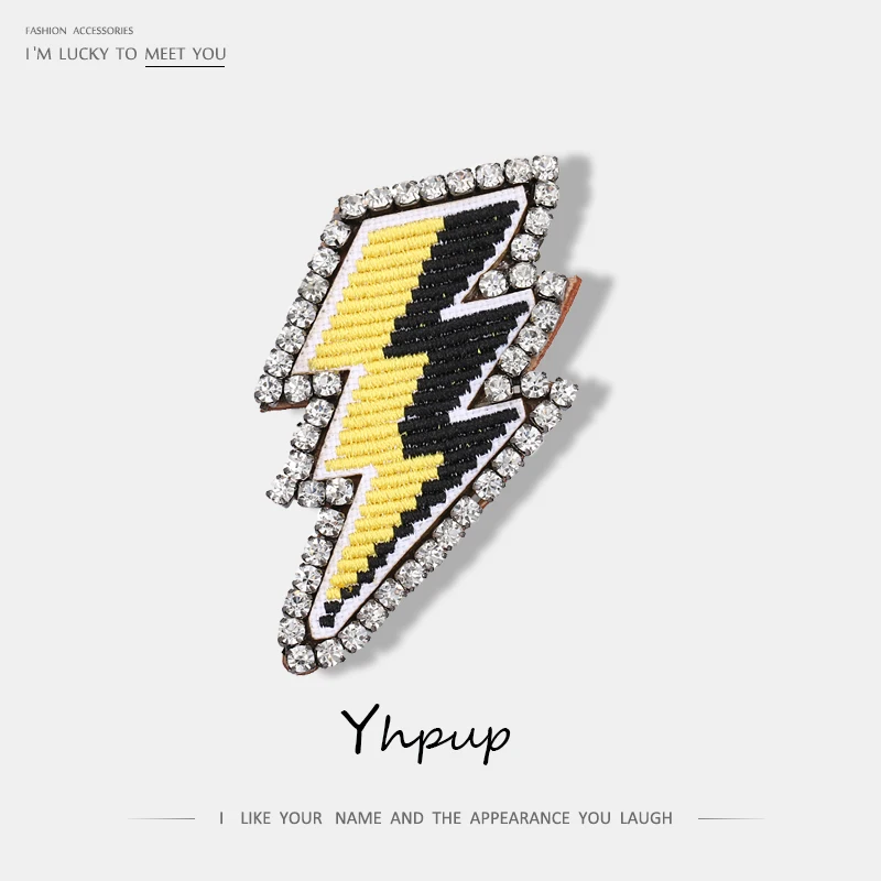 

Yhpup Embroidery Rhinestone Thunder Lightning Brooches Pins Fashion Charms Badge Clothes Accessories
