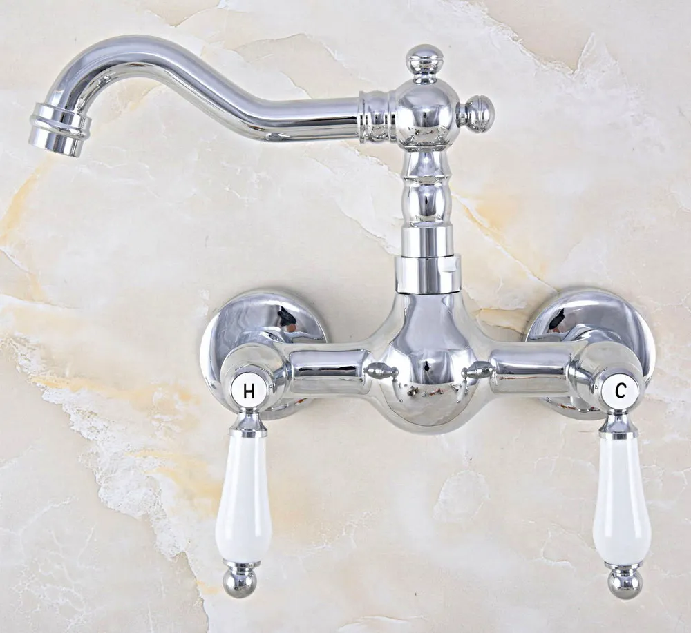 

Polished Chrome Brass Wall Mount Kitchen Sink Faucet Swivel Spout Mixer Tap Dual Ceramics Handles Levers anf562