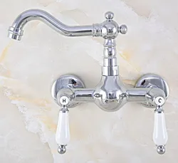 Polished Chrome Brass Wall Mount Kitchen Sink Faucet Swivel Spout Mixer Tap Dual Ceramics Handles Levers anf562
