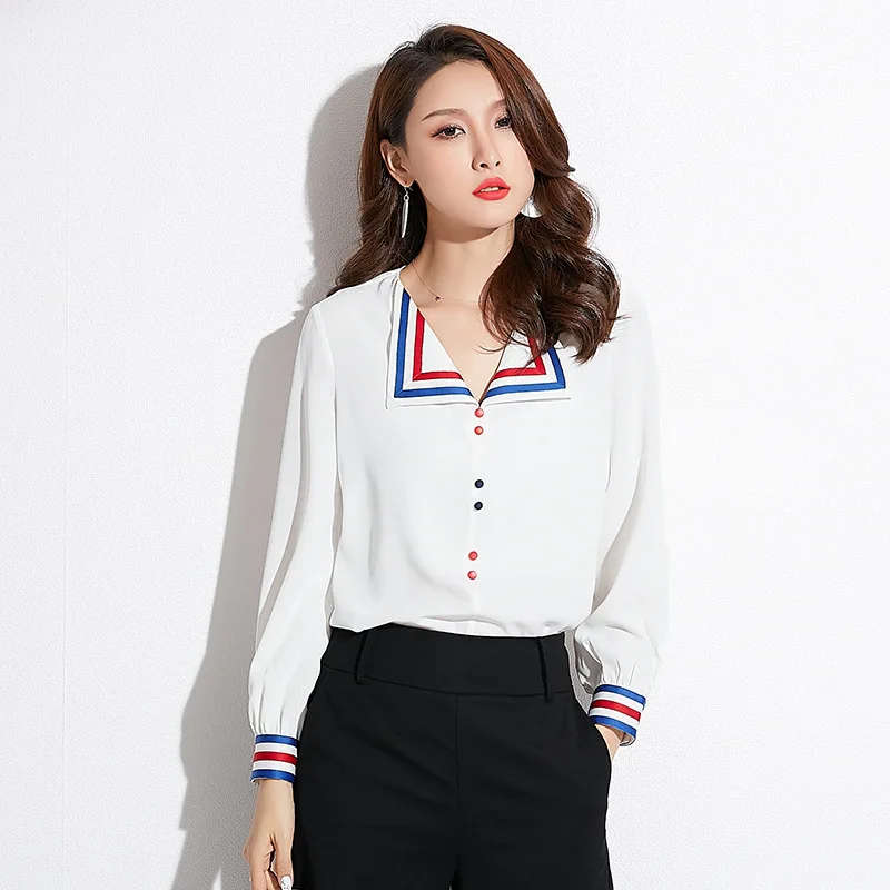 

Shuchan Top Female Color Button Women's Shirt New 2019 Turn-down Collar Casual Solid Chiffon Blouse Women Spring Clothes 89044
