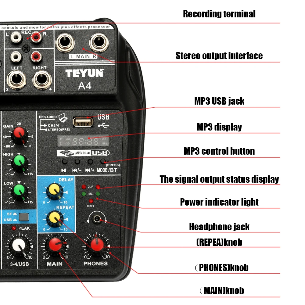 TU04 BT микшерный пульт записи 48 В Phantom power Monitor AUX Paths Plus Effects 4 канала аудио микшер с USB