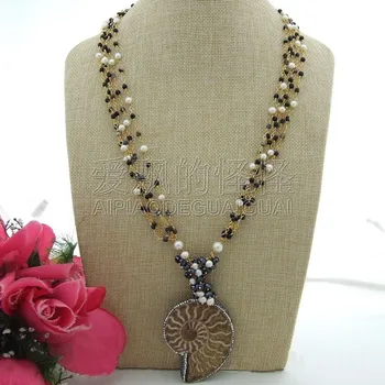 

N111103 25" 5Strands White Pearl Fossil Pendant Necklace