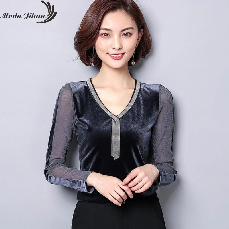 Moda Jihan женские бархатные рубашки с блестками сетчатая рубашка v образным вырезом
