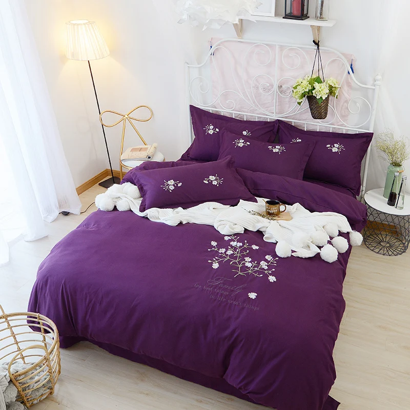 Buy New Product 100 Polyester Embroidery Pure Color Bedding Sets Duvet Cover