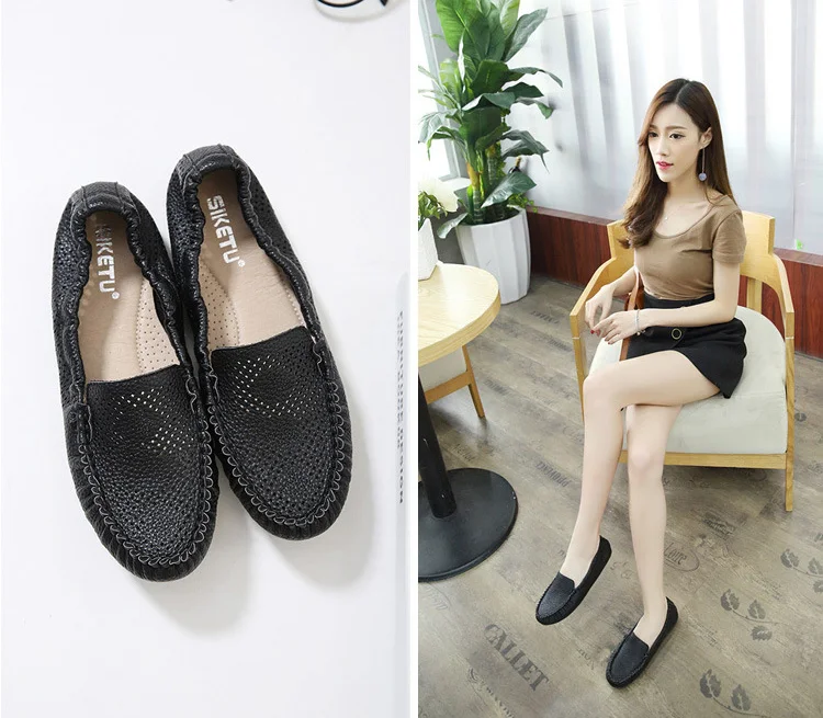 Woman Loafers PU Leather Shoes for Mother Flat with Sewing Summer Women's White Shoes Breathable Hollow Ballet Flats Black Beige (11)