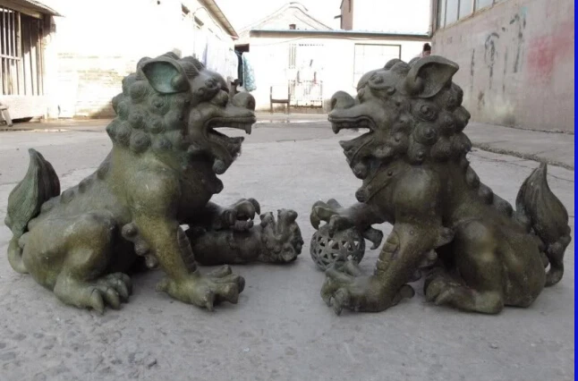 

16" China Classic Bronze Feng Shui Evil Guardian Door Foo Fu Dog Lion Statue Pair