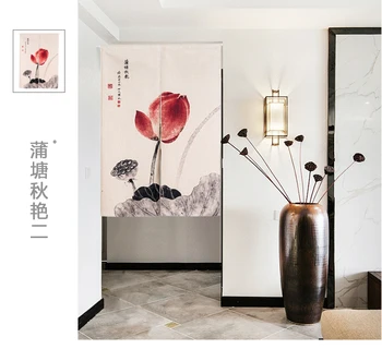 

New Chinese style classical lotus mountain wind window blind water curtain cotton and linen curtain porch partition decorations