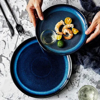 

1pc Blue Ceramic Dinner Plate Cat Eye Design Dinner Dishes Round Salad Dessert Serving Plate Kitchen Dinnerware 8/10 inch