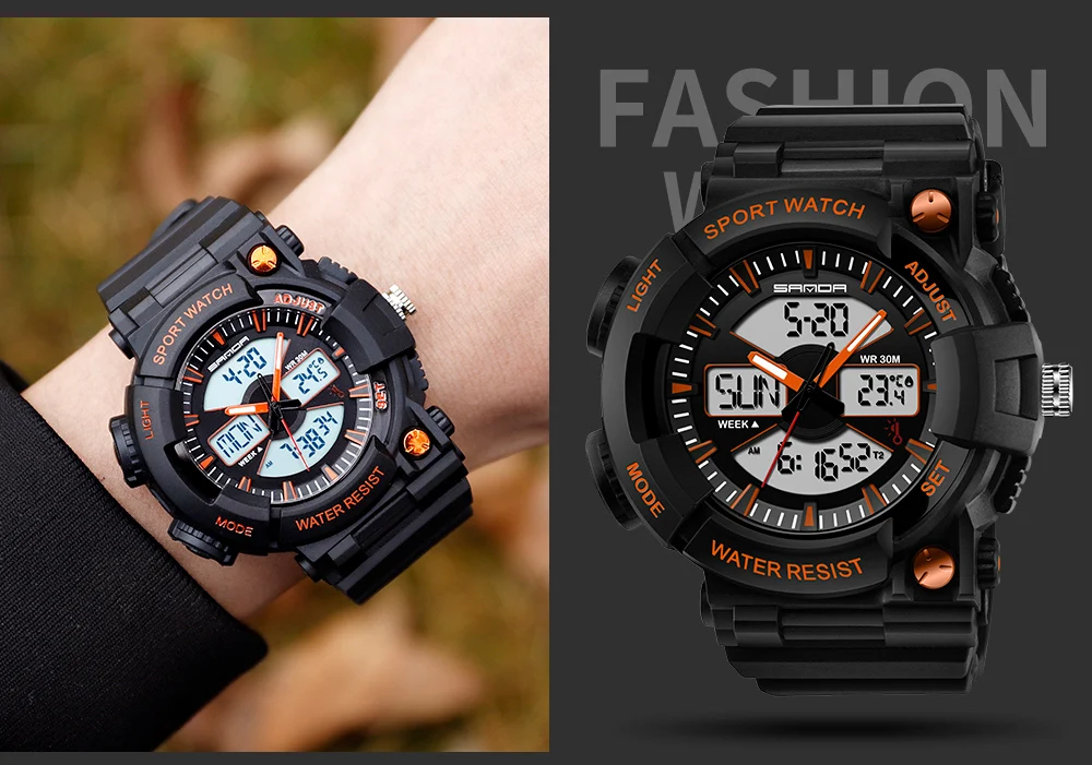 SANDA Спортивные Цифровые мужские часы, мужские модные водонепроницаемые часы с термометром, мужские светодиодный наручные часы в стиле милитари, мужские часы