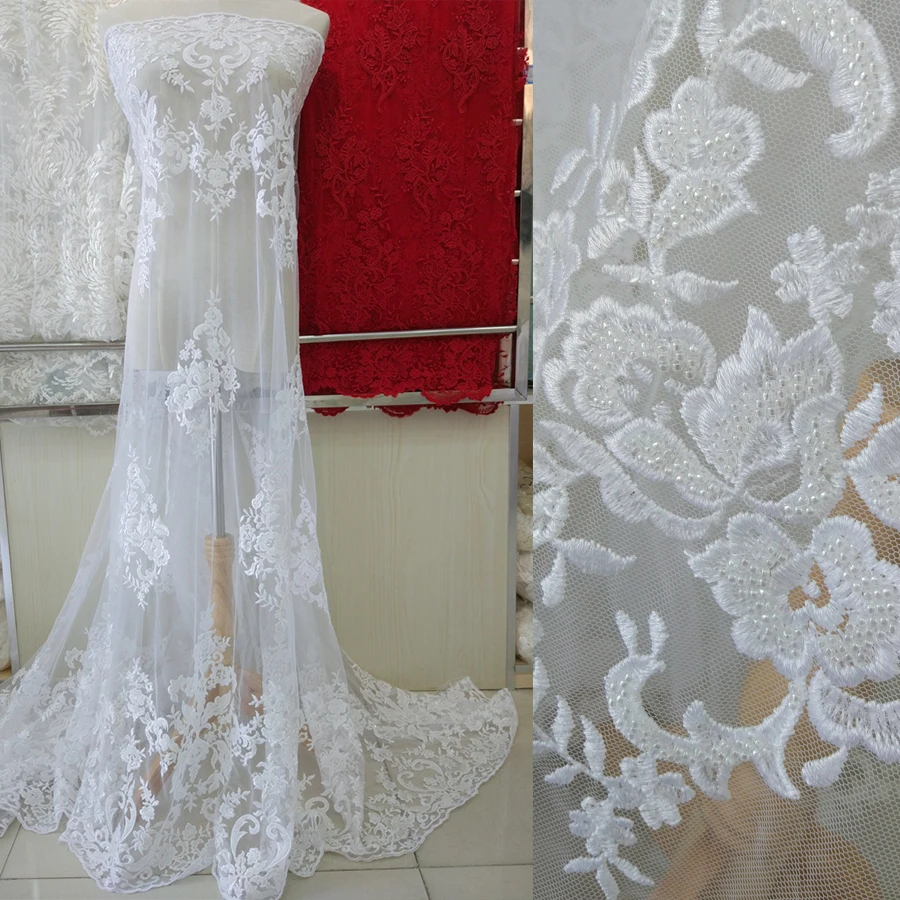 

5yards off white fashionable heavy beaded African French Lace Fabric with High Quality Tulle embroidery Lace Fabric