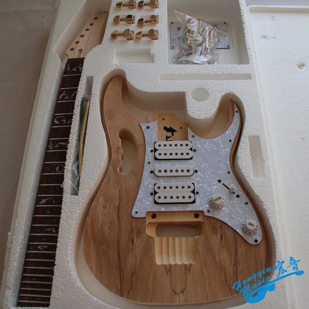 

7V Style Electric Guitar DIY Kit Set Water Stains Pattern Maple Veneer Basswood Body Indian Rosewood Fingerboard Hard Maple Neck