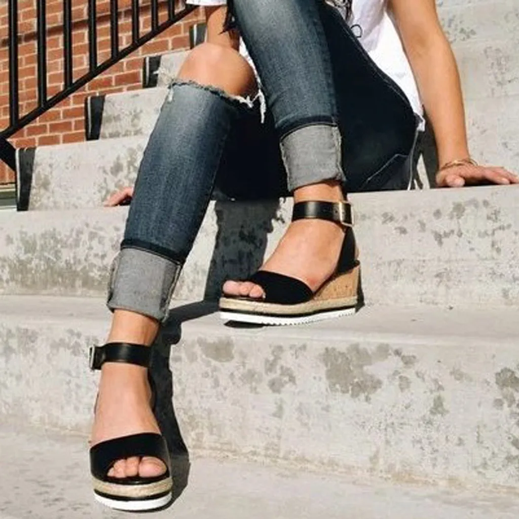 

JAYCOSIN shoes Women's Sandals Retro Womens Fashion Open Toe Ankle Platform Wedges Shoes Ladies Roman Sandals Shoes Woman #40