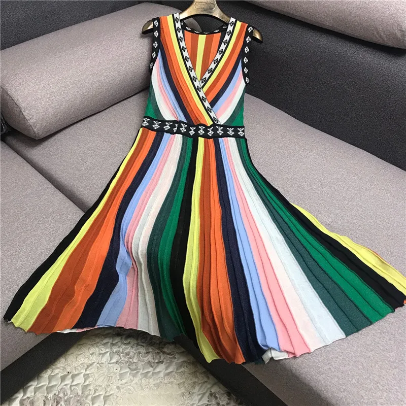 

Summer Vest dress 2019 color stripe Elegant v-neck Slim high waist sweater knitted pleated dress