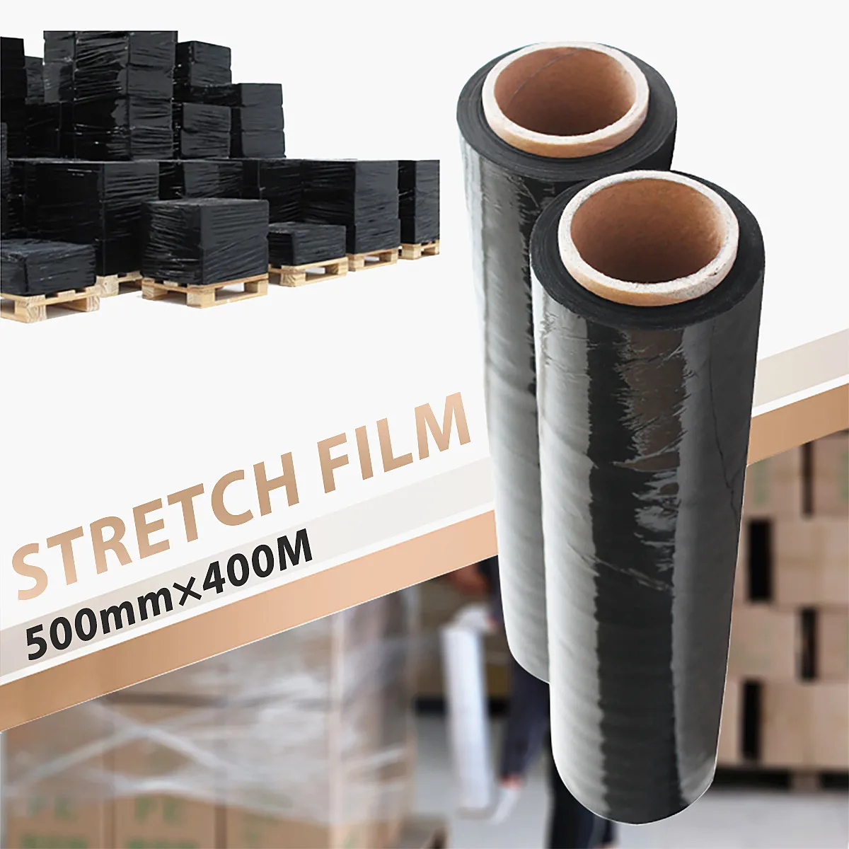 1Pcs 500mmx400M Black Stretch Film PE For Carton Pallet Shrink Wrap Packing