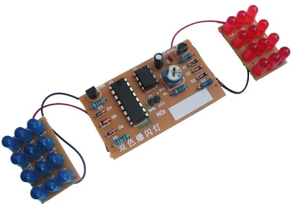 

1. Introduction. This suite adopts simulation light circuit made with NE555 and CD4017,the blue LED and red LED flashed altern