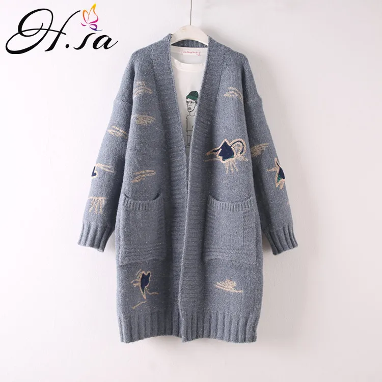 

HSA 2018 Autumn Winter Long Sweater Cardigans V neck Casual Maxi Embroidery Cute Cardigans Winter Warm Thick Sweater Coat