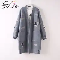 HSA 2018 秋冬ロングセーターカーディガン V ネックカジュアルマキシ刺繍かわいいカーディガン冬暖かい厚手のセーターのコート
