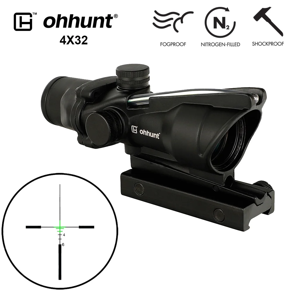 Ohhunt Охота 4X32 ACOG реальный оптоволоконный прицел BDC шеврон Подкова Сетка тактические оптические прицелы для cal. 223. 308 печать логотипа - Цвет: Reticle No.1 Green