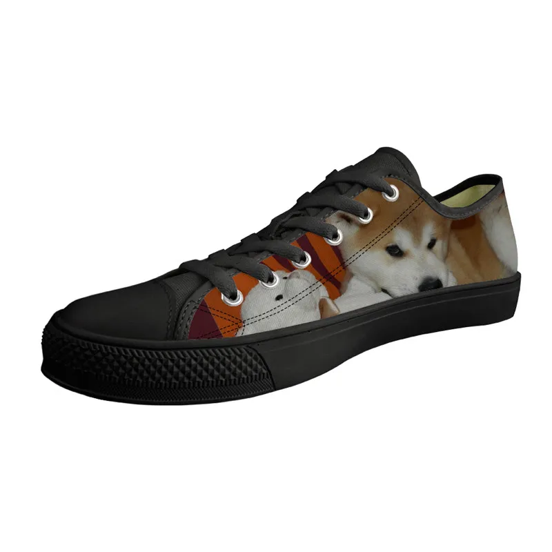 

Spring 2019 Senior lady Canvas Low Style Fashion wild Sneakers Female Black Canvas Vulcanize Flats Lace Up Akita Dog Print Shoes
