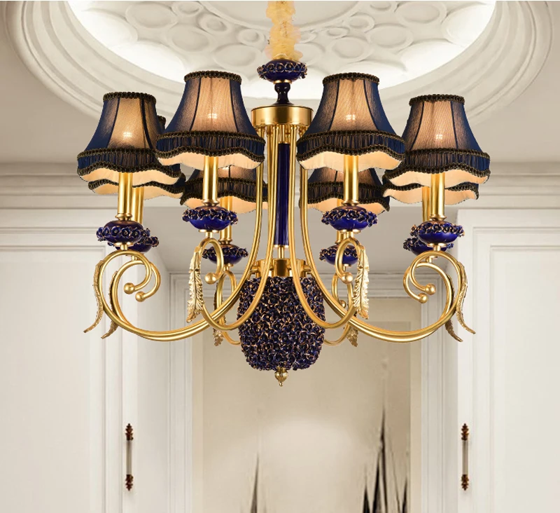 

Phube Lighting Luxury Candle Chandelier Pink Fabric Chandelier Light Blue Ceramic Chandelier Villa Copper Lustre Light Lighting