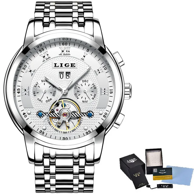 Relogio Masculino LIGE мужские s часы лучший бренд класса люкс автоматические механические часы мужские стальные деловые водонепроницаемые спортивные часы - Цвет: silver white steel
