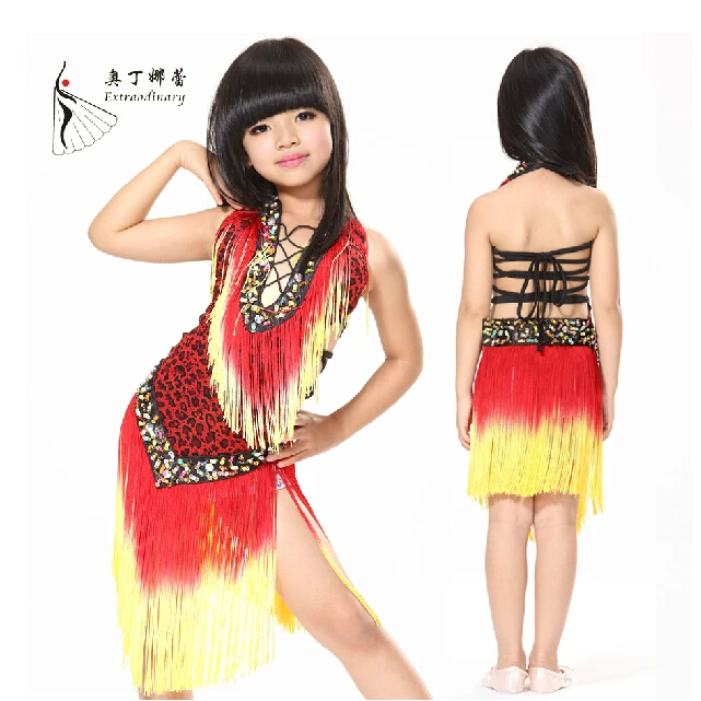 2017 Brand children latin dance dress red tassel manual nail bead Latin