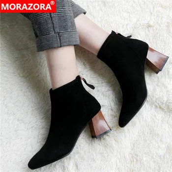 

MORAZORA 2020 new arrival women ankle boots suede leather high heel dress shoes ladies office shoes black Chelsea boots female