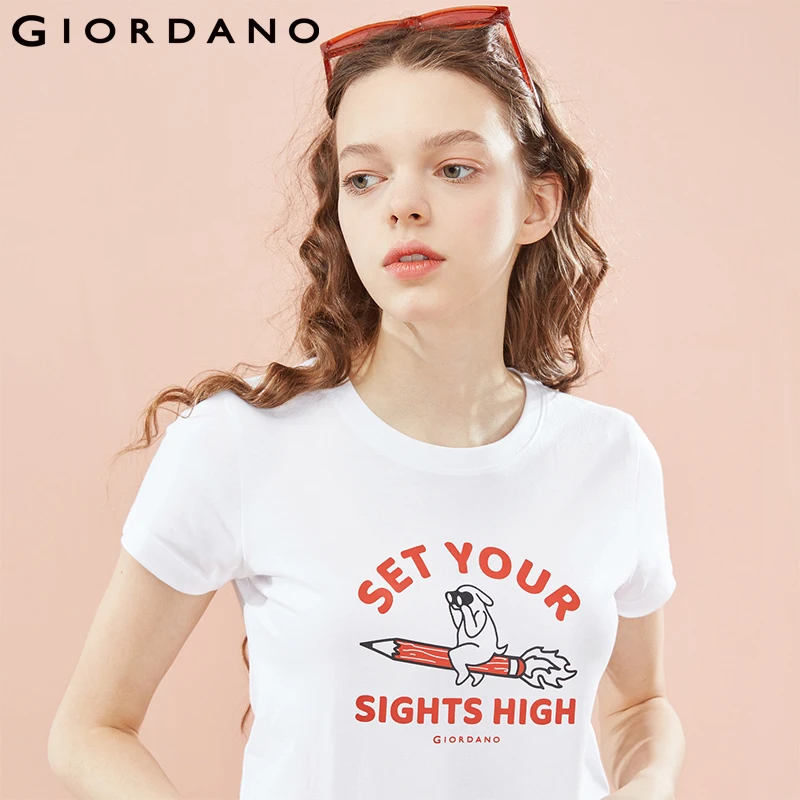 

Giordano Women T Shirt Women Printed Letter Graphic Short Sleeve Tee Summer Casual Tops Mujer Cool Camisas