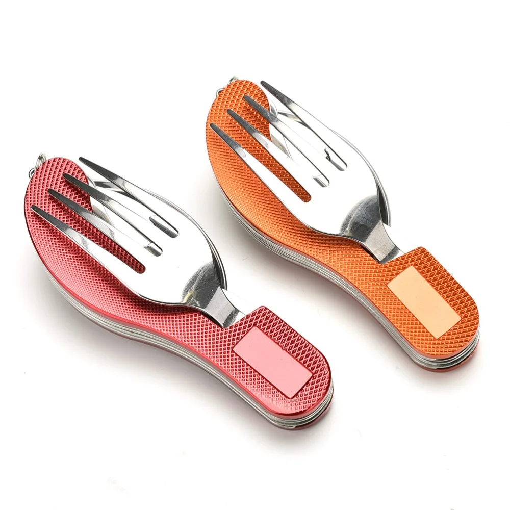 1 uniunid 3in1 portátil Multi bolsillo plegable cuchillo tenedor cuchara Camping senderismo Exterior Herramientas cubertería rojo oro colores al por mayor