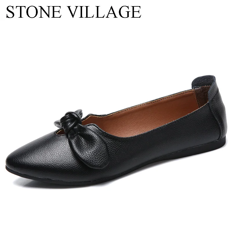 

STONE VILLAGE Bowtie Flats Split Leather Casual Women Shoes Summer Ladies Slip On Non-slip Low Heels Flat Shoes Moccasins Female