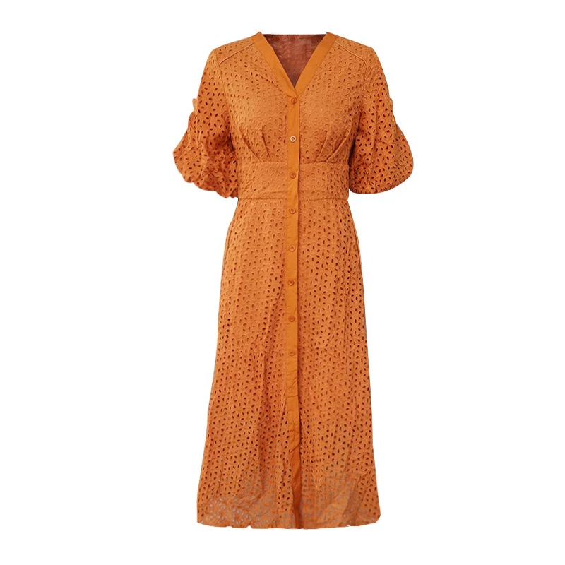 

HIGH STREET New Fashion 2019 Designer Runway Dress Women's V-neck Puff Sleeve Embroidery Cotton Lace Dress