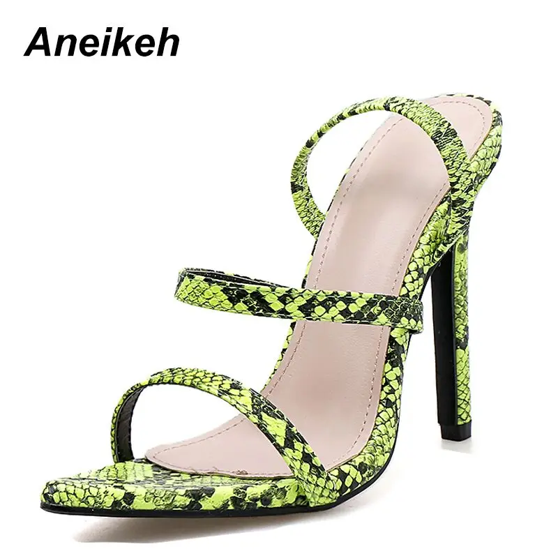 Aneikeh/Коллекция года; модные летние шлепанцы; женская обувь; Женские однотонные вечерние туфли с открытым носком на высоком тонком каблуке; Цвет зеленый, черный; 40 - Цвет: Green