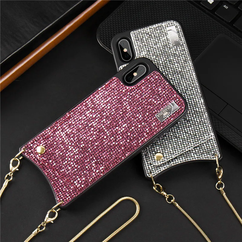 

Bling Crossbody Phone Wallet bag for Credit Cards Case Cover with Strap long chain for Iphone 6 S 7 8plus X XS MAX XR Back Cover