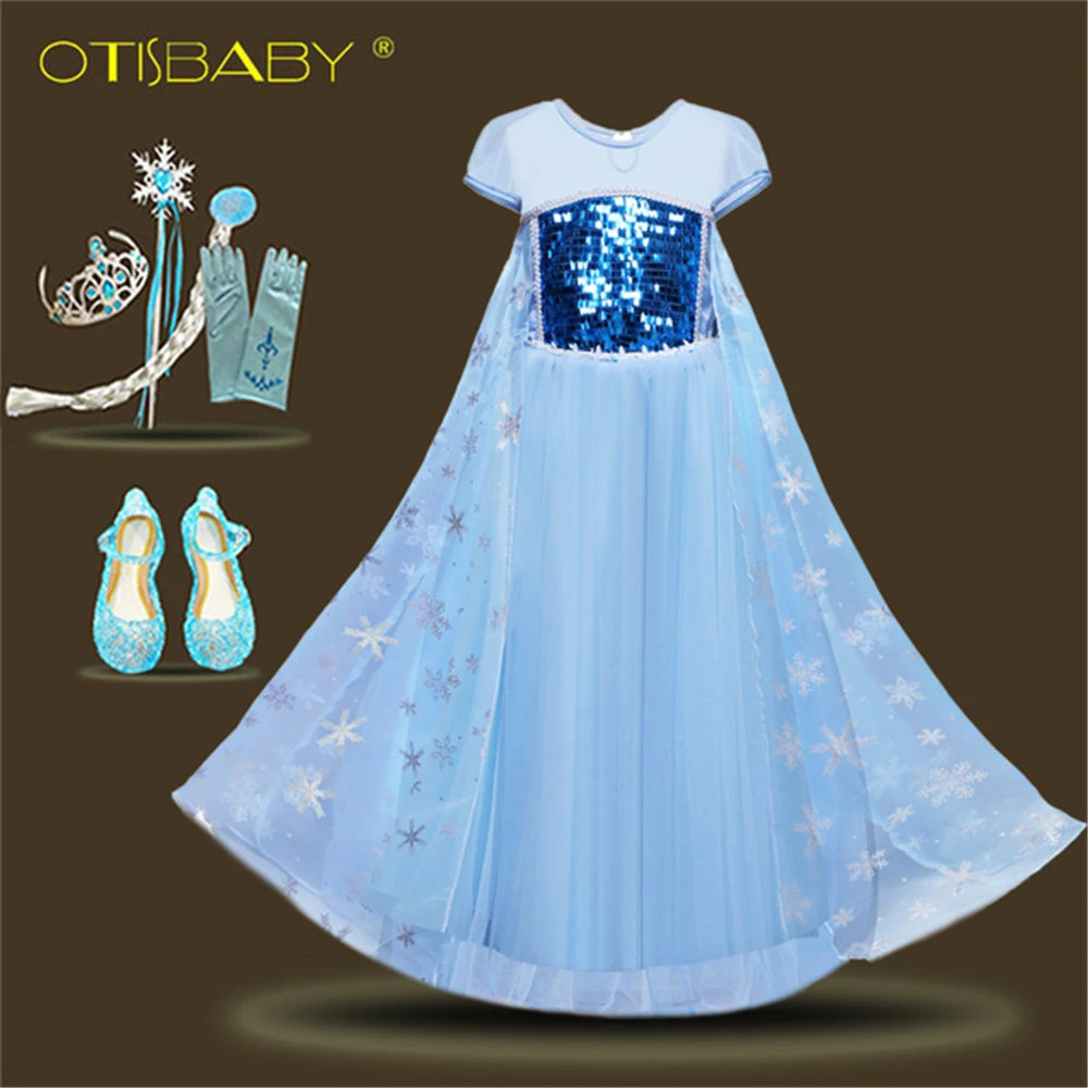 Goedkoop Nieuwe Meisjes Elsa Dress Up Kleding Kids Korte Mouw Pailletten Sneeuw Koningin Elza Prinses Cosplay Kostuums Kids Kostuum Accessoires