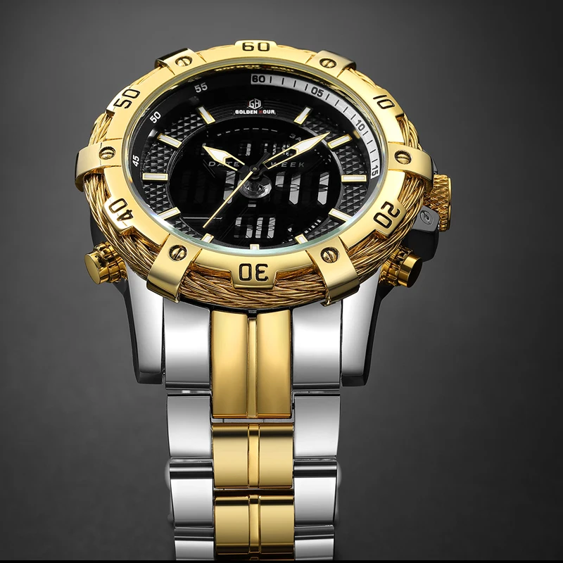 Baratos Marca superior GOLDENHOUR reloj digital y analógico de lujo para hombre deportivo de doble pantalla resistente al agua reloj de pulsera reloj de cuarzo de moda Masculino