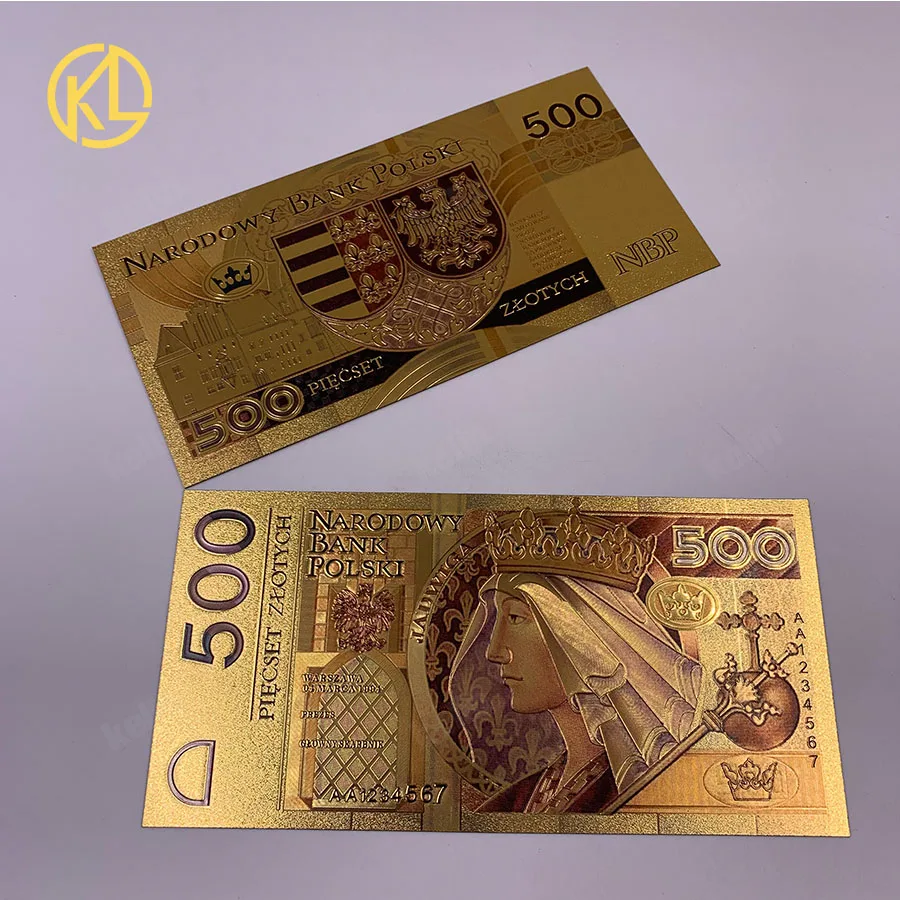 

1pc Unissued 1994 Edition Poland Currency designed colored 24K gold plated Bill Banknote 500 PLN for Bank souvenir gifts