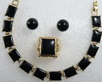 

2 choices wholesale Men's 18k Yellow Gold GP Black Agate Bracelet Earring ring jewelry set