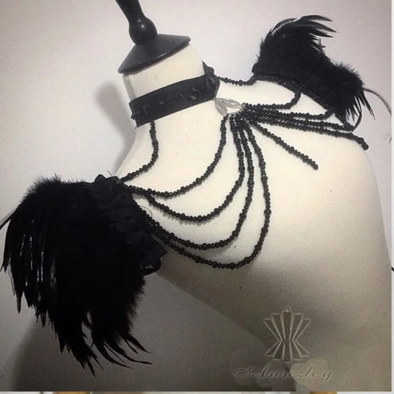

Annzley Burlesque Costumes Black Handmade Feather Amice With Long Beading Pendant