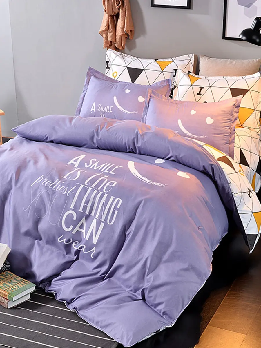 

4Pcs Bedding Sheet Set Simpe Cartoon Smiling Face Pattern Soft Bed Cover Set
