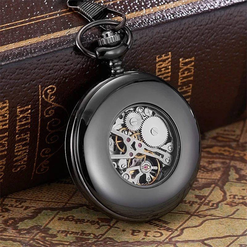 OUYAWEI Antique Steampunk Hand Winding Black Fob Pocket Watch Men Vintage Skeleton Hand Wind Mechanical Pocket Watches for gift