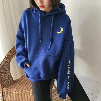

2019 New Autumn Women's Hoodies College Wind Moon Embroidery Hoodies Loose Hooded Harajuku Cute Cloud Embroidery Hoodies Female