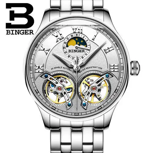 Двойной Tourbillon, швейцарские мужские часы, BINGER, оригинальные автоматические часы, мужские Модные механические наручные часы, кожаные часы - Цвет: Silv white B8606B st