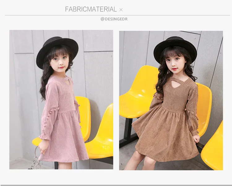 2017 New Autumn Vintage Style Baby Girl Velvet Dress Bowknot Lantern Sleeve Winter Kids Corduroy Pompoms Dresses for Girls (14)