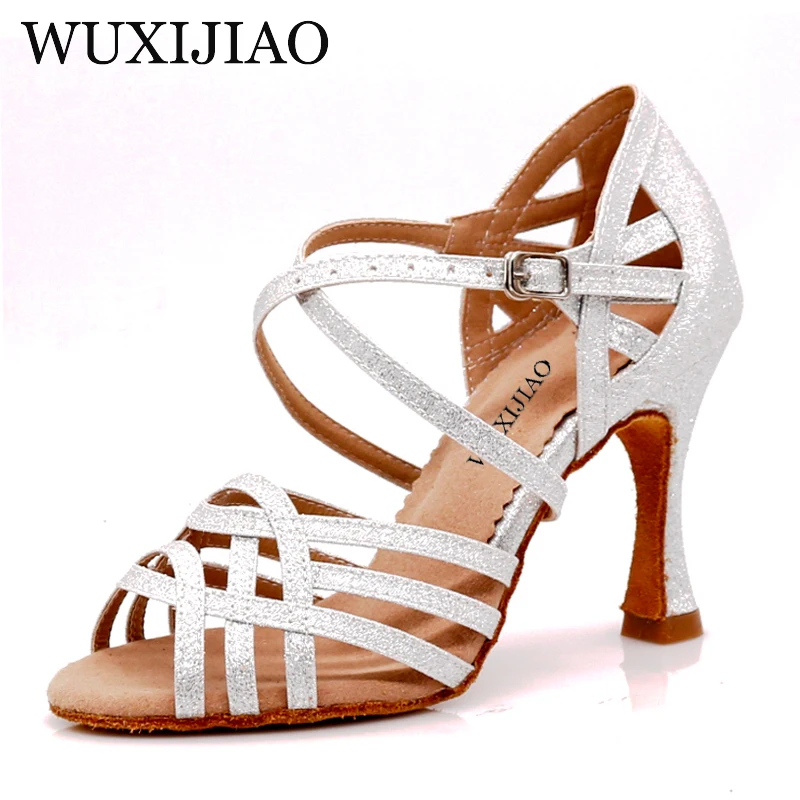 WUXIJIAO Women Party Dance Shoes Satin Shining rhinestones Soft Bottom Latin Dance Shoes Woman Salsa Dance Shoes heel5CM-10CM