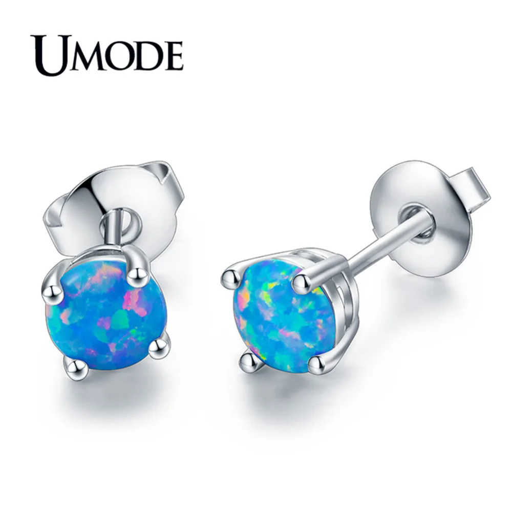 

UMODE New 2018 Round Blue Opal Stud Earring for Women White Gold Color Boucle D'Oreille Pendientes Mujer Moda 2018 Femme AUE0395