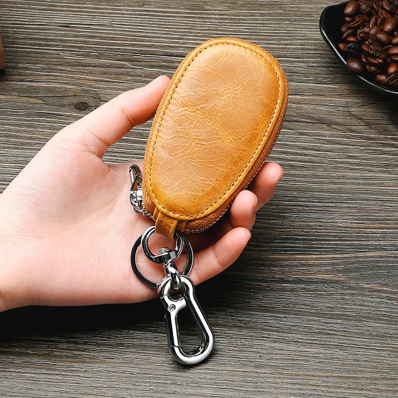 

Genuine Real Leather Men Women Retro Smart Car Key Case Holder Organizer Double Zipper Motor Vehicle Keychain Pouch Pocket Solid