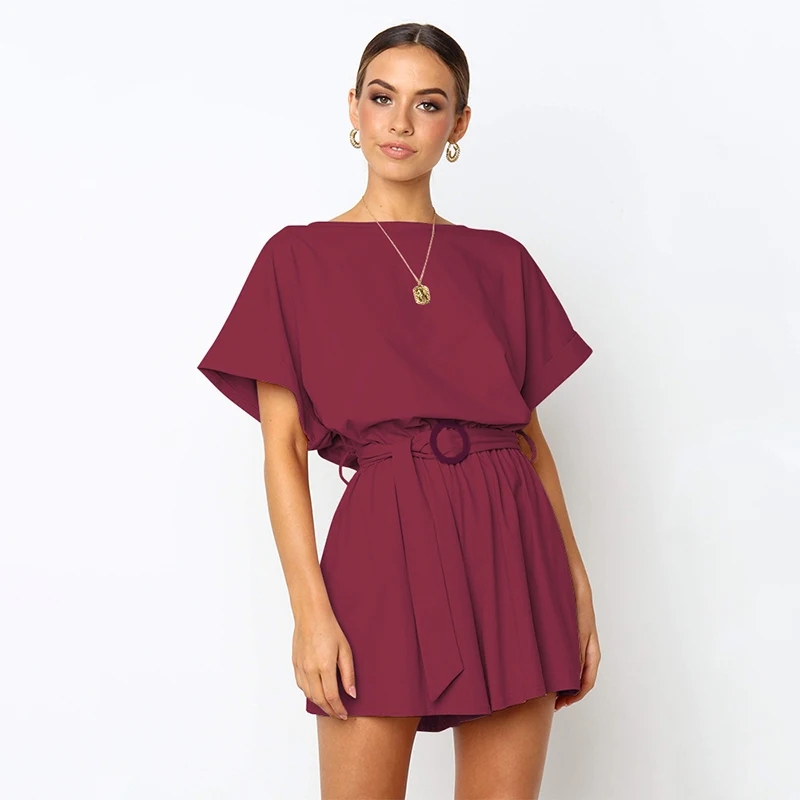 

Womens rompers jumpsuit Cotton sexy jumpsuit summer 2019 macacхes elegantes Solid color Oneck short sleeve casual strap jumpsuit