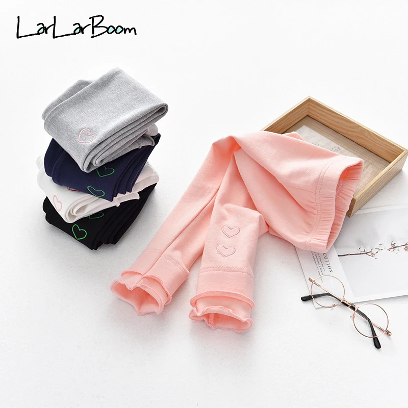 

LarLarBoom Girls Pants 2019 New Spring Heart Embroidery Kids Casual Trousers Solid Children's Clothing Baby Pants