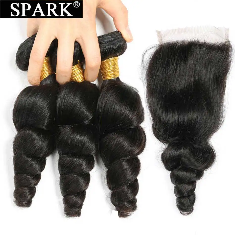Ombre Peruvian Loose Wave Bundles with Closure 1B/4/30 Free Part Spark Remy Hair Extension Human Hair Bundles with Lace Closure